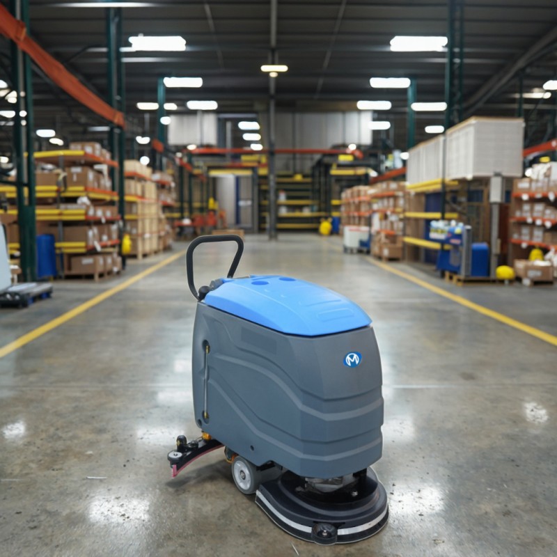 Warehouse floor scrubber